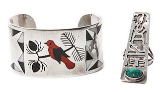 A Zuni Silver Inlay Cuff Bracelet, Albert and Doloy Banteah Length 5 1/8 x opening 1 1/8 x width 1 1/4 inches.