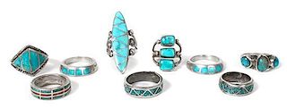 Nine Southwestern Style Silver and Various Stone Rings
