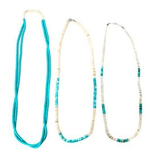Three Santo Domingo Turquoise and Shell Necklaces Length of longest 28 inches.