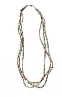 A Three Strand Shell and Turquoise Heishi Necklace Length 26 inches.