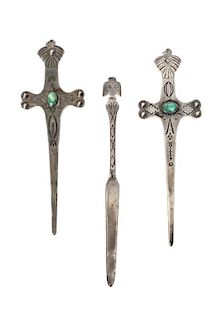 A Group of Three Fred Harvey Style Letter Openers, Length of longest 6 1/2 inches.