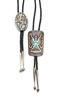 Three Southwestern Silver, Turquoise and Coral Bolo Ties Height of first 1 7/8 x 2 7/8 inches.