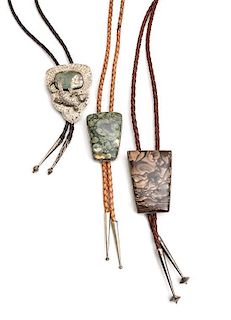 Three Southwestern Silver and Agate Bolo Ties Height of first 1 7/8 x width 2 5/8 inches.