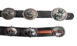 Two Southwestern Silver and Turquoise Concho Belts Length 34 inches; height of buckle of first 2 3/x 3 1/4 inches. 2 1/2 x 3 inc