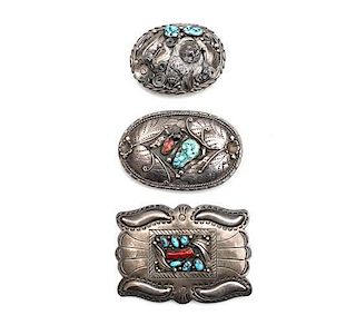 Three Southwestern Turquoise Silver and Coral Belt Buckles Height of first 3 7/8 x 2 7/8 inches for a 2 inch belt.