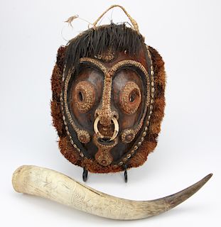 Melanesian Tribal Mask and an African Carved Water Buffalo Horn 