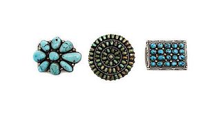 Three Turquoise and Silver Belt Buckles Diameter of first 2 1/2 inches for an 1 1/2 inch belt.