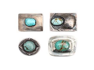Four Southwestern Silver and Turquoise Belt Buckles Height of first 2 x 3 inches for a 1 3/4 inch belt.