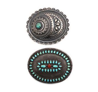 Two Southwestern Silver and Turquoise Belt Buckles Height of first 3 x width 3 1/2 inches for a 1 1/2 inch belt.