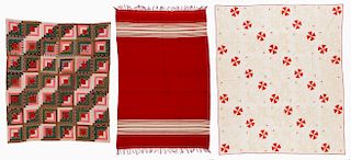 Two Antique Patchwork Quilts and a Peruvian Red Wool Blanket