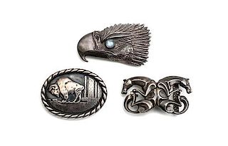 Three Figural Belt Buckles Height of first 3 1/2 x width 2 inches for a 1 5/8 inches belt.
