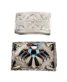 A Southwestern Silver, Turquoise and Mother of Pearl Belt Buckle Height of first 2 x width 3 inches.