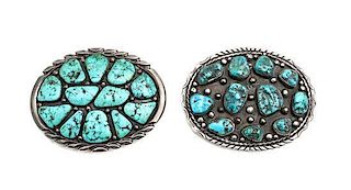 Two Southwestern Silver and Turquoise Belt Buckles First: 3 3/4 x width 2 7/8 for a 1 3/4 inches belt