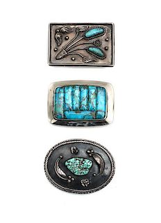 Three Turquoise and Silver Belt Buckles First: height 2 3/4 x width 3 5/8 inches for an 1 1/2 belt.