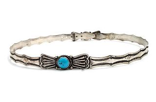 A Southwestern Silver and Turquoise Hat Band Circumference 28 x width 3/4 inches.