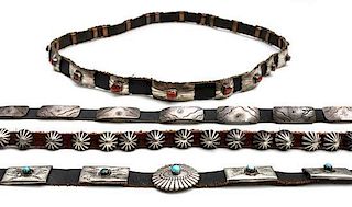 Four Navajo Silver, Turquoise and Coral Hat Bands Length of first 24 inches.