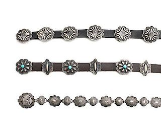 Three Navajo Concha Belt Style Hat Bands Length of first 24 inches; diameter of conchas 1 inch.