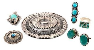 A Group of Southwestern Jewelry Height of concho 2 7/8 x width 3 3/4 inches.