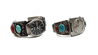 A Zuni Silver, Turquoise and Coral Watch Tips, Effie Calavaza