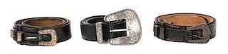 Three Mexican Silver and Leather Belts Length of longest belt 33 inches.