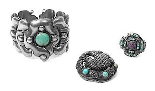 Three Mexican Silver and Turquoise Jewelry Articles Length of bracelet 7 1/4 x width 1 3/4 inches.