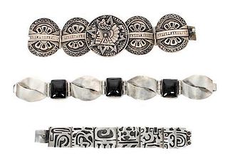 Four Mexican Silver Link Bracelets Length of longest 9 inches.