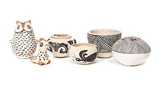 A Group of Miniature Acoma Pottery Articles Height of first 2 inches.