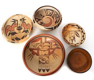 Five Hopi Pottery Bowls Height of largest 2 3/4 inches x diameter 8 inches.