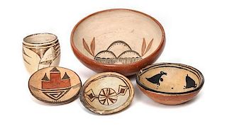 Four Hopi Pottery Articles Height of largest 2 3/4 x diameter 7 1/2 inches.