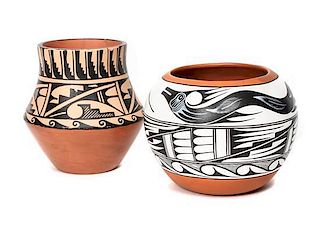 Two Jemez Pueblo Pottery Jars Height of first 4 3/4 x 6 1/4 inches.