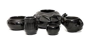 Five Santa Clara Blackware Pottery Items Height of largest 4 1/2 x diameter 7 inches.