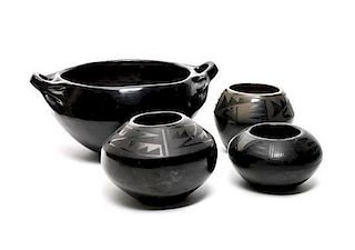 Four Santa Clara Polished Blackware Pottery Articles Height 4 3/4 x width over handles 10 1/4 inches.
