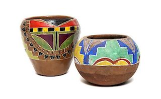 Two Tesuque Polychrome Pots Height of largest 4 1/2 x 4 1/2 inches.