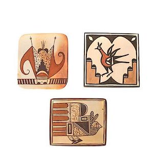 Three Southwestern Pottery Tiles Height of first 4 1/4 x width 4 1/2 inches.