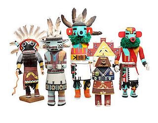 Five Contemporary Hopi Kachina Dolls Height of tallest 14 1/2 inches.