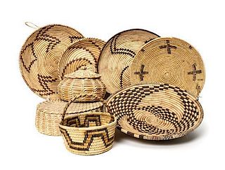 A Group of Eight Papago Baskets Diameter largest 14 1/2 inches.