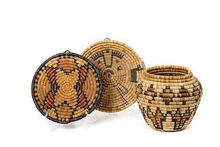 Three Hopi Second Mesa Baskets Height of largest 9 x 9 inches.