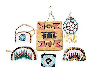 A Group of Five Southwestern Contemporary Beaded Bags Height of largest 9 1/4 x width 8 3/8 inches.