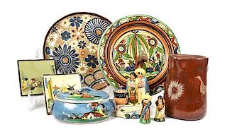 A Collection of Tlaquepaque Serving Articles Diameter of largest 14 inches.