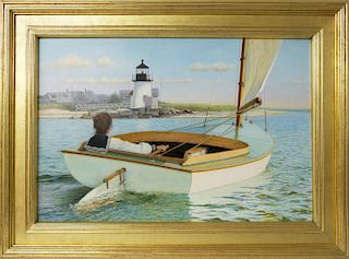 Peter Quidley (b. 1945) Oil on Panel "Young Lady Sailing Round Brant Point in a Catboat"