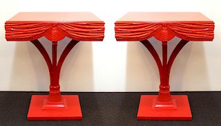 Red Side Tables with Sculpted Wood Drapery, Pair