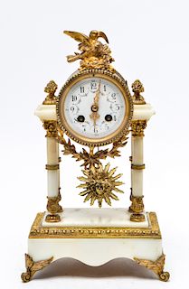 French White Marble & Bronze Portico Mantel Clock