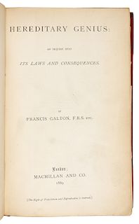 GALTON, Francis, Sir (1822-1911). Hereditary Genius: an inquiry into its laws and consequences. London: Macmillan and Co., 1869. FIRST EDITION.