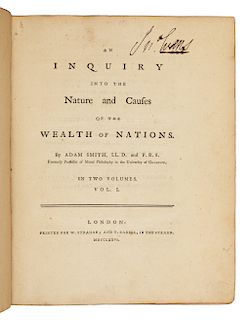 SMITH, Adam (1723-90). An Inquiry into the Nature and Causes of the Wealth of Nations. London: for W. Strahan and T. Cadell, 1776. FIRST EDITION.