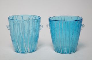 Venini Italian Art Glass Blue & White Vases, Pair