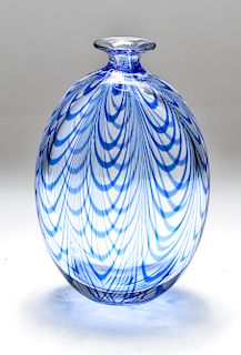 Modern Art Glass Vase with Blue Swirls