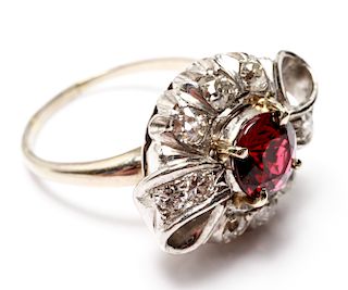 14K Gold w Red Spinel & 10 Diamonds Cocktail Ring