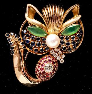 14K Gold Cat Brooch Diamonds Jade Rubies Sapphires