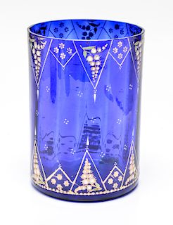 Cobalt Blue Glass & Enamel Cylindrical Vase