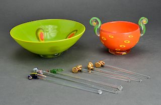 Italian Art Glass Bowls & Cocktail Stirrers, 8